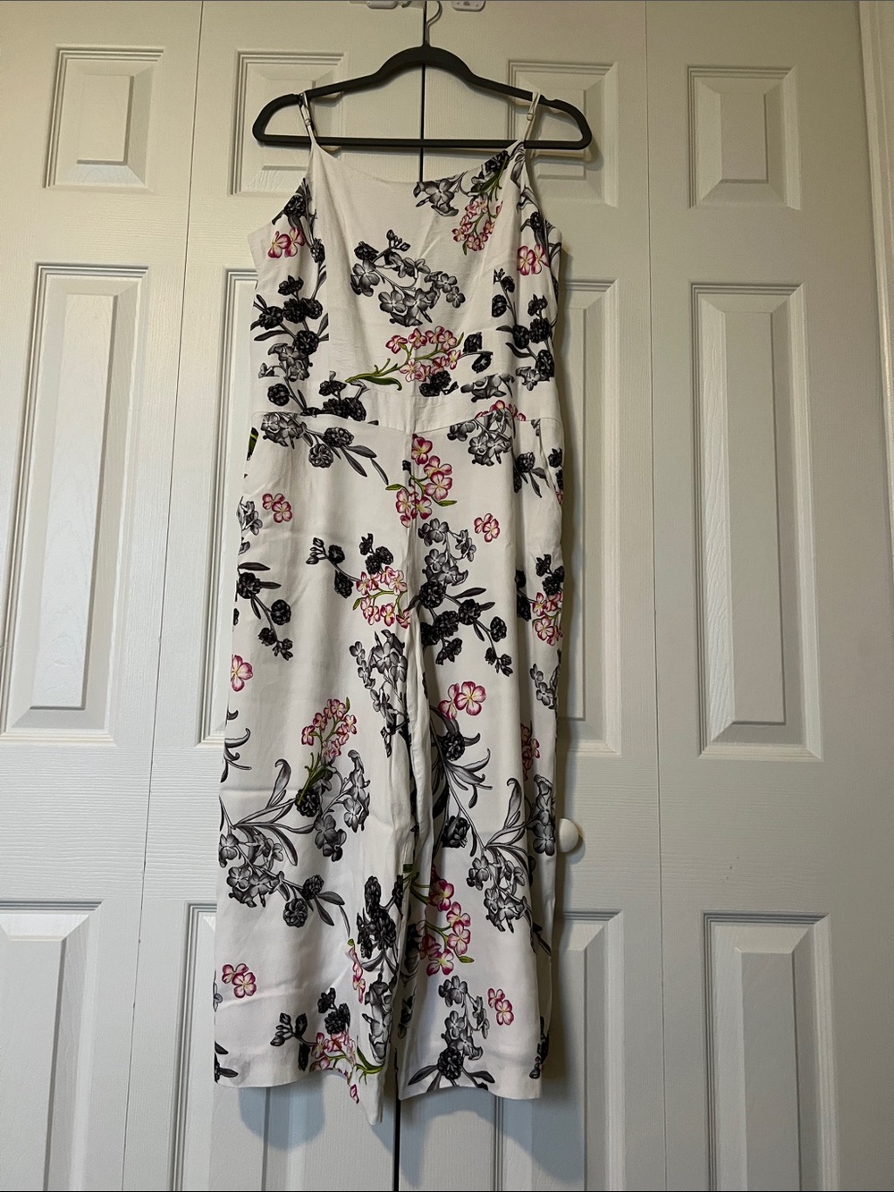 Floral Spaghetti-Strap Jumpsuit in White with Black & Pink Print